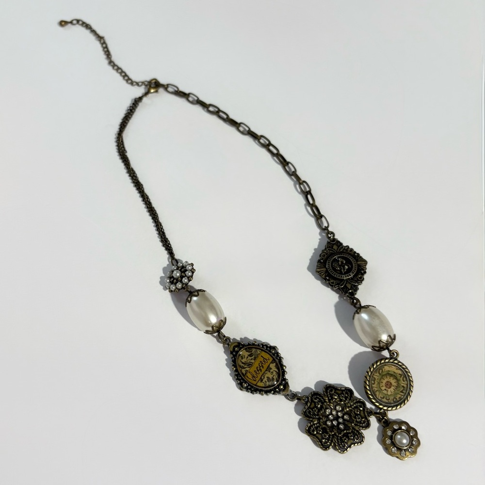 Vintage Mixed Media Faux Pearl Floral Rhinestone Blessed Charm Y Drop Necklace